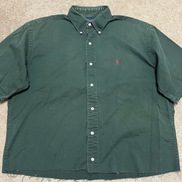 Polo Ralph Lauren Canvas Cotton Distressed Green Short Sleeve Button Up Large - Picture 1 of 6